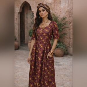 eShakti Maroon Dress with Yellow Floral Design Sz.12 #979